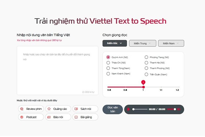 Giao diện thân thiện, dễ sử dụng trên nền tảng TTS của Viettel AI.