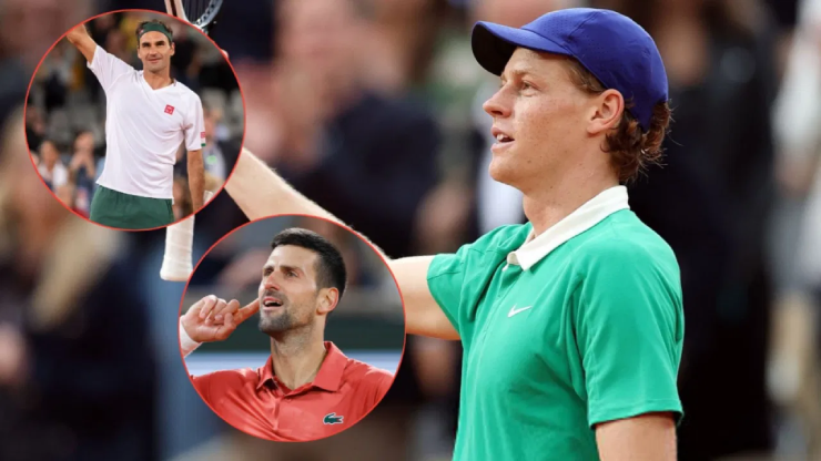 Sinner (áo xanh) vượt Djokovic (áo đỏ) nhưng khó qua được kỷ lục "bất tử" Federer (áo trắng)