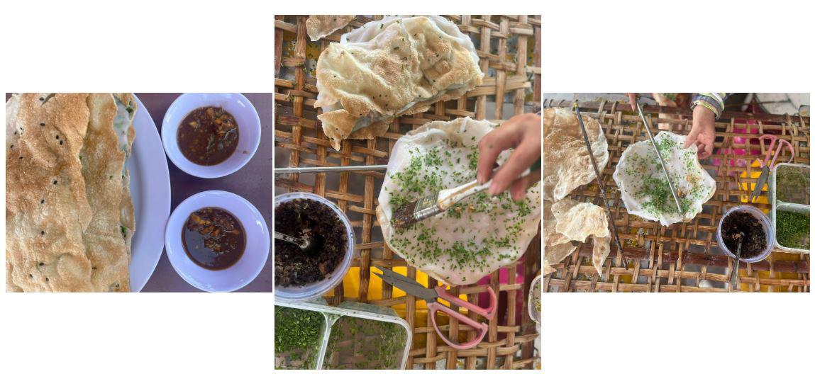 Bánh đập Quảng Ngãi bên ngoài là bánh tráng nướng giòn rụm, bên trong là bánh ướt mềm mịn, dậy mùi thơm và vị béo ngậy của mỡ hẹ, hành phi. Ảnh: Chuyện ở Quảng Ngãi