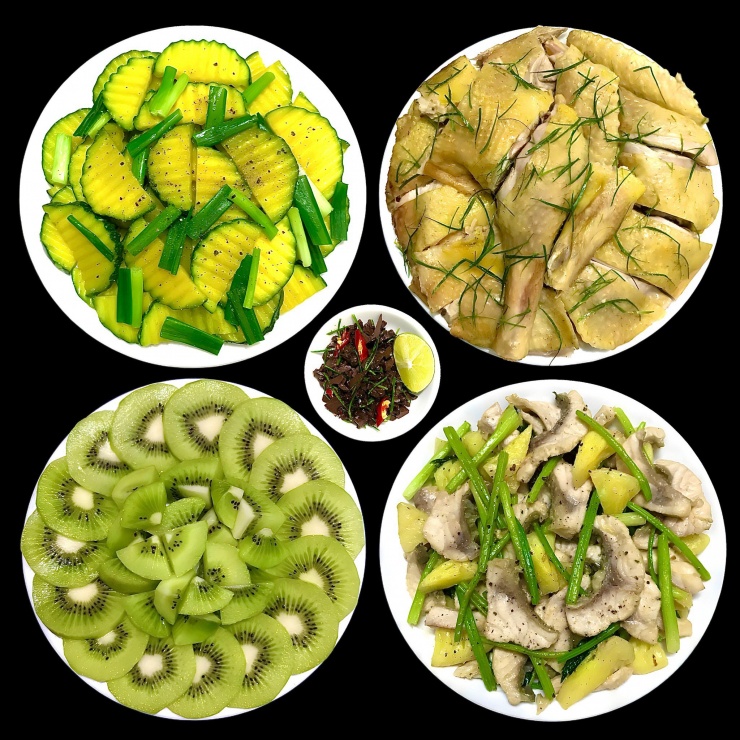 Mâm cơm gia đình ngon mỗi ngày với gà luộc lá chanh mềm thơm, dưa chuột xào hành xanh mướt, lòng non xào dứa giòn dai đậm vị và tráng miệng kiwi mát lành; thực đơn đơn giản, tiết kiệm nhưng khiến cả nhà không thể chối từ.