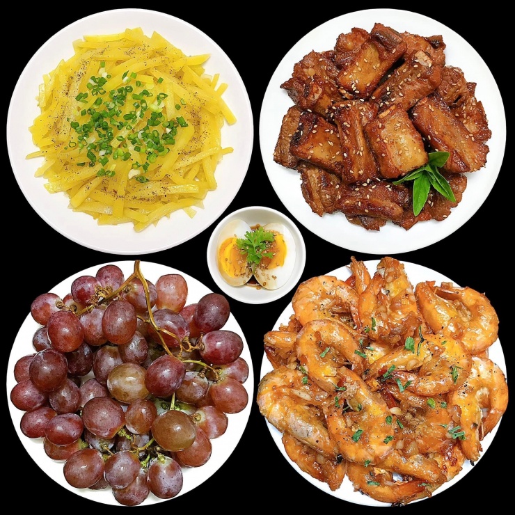 Mâm cơm tối ngon hết sảy với thịt ba chỉ kho đậm đà, khoai tây xào hành dân dã, tôm rim mặn ngọt đưa cơm và nho tím tráng miệng mát lành. Bữa cơm đơn giản nhưng đầy yêu thương cho cả nhà.