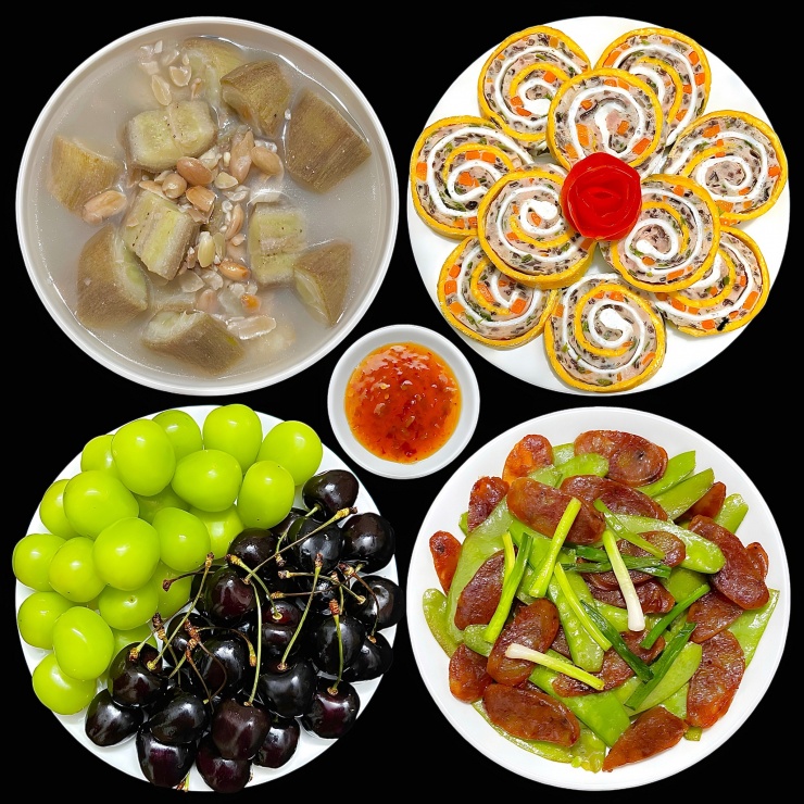 Mâm với món canh chuối nấu đậu phộng dân dã, lạp xưởng đậm vị, kết hợp cùng trứng cuộn rau củ đẹp mắt. Tráng miệng bằng trái cây nhập khẩu tươi ngon giúp cân bằng dinh dưỡng và tăng sức đề kháng – lựa chọn lý tưởng cho bữa chiều cuối tuần hoặc dịp sum họp gia đình.