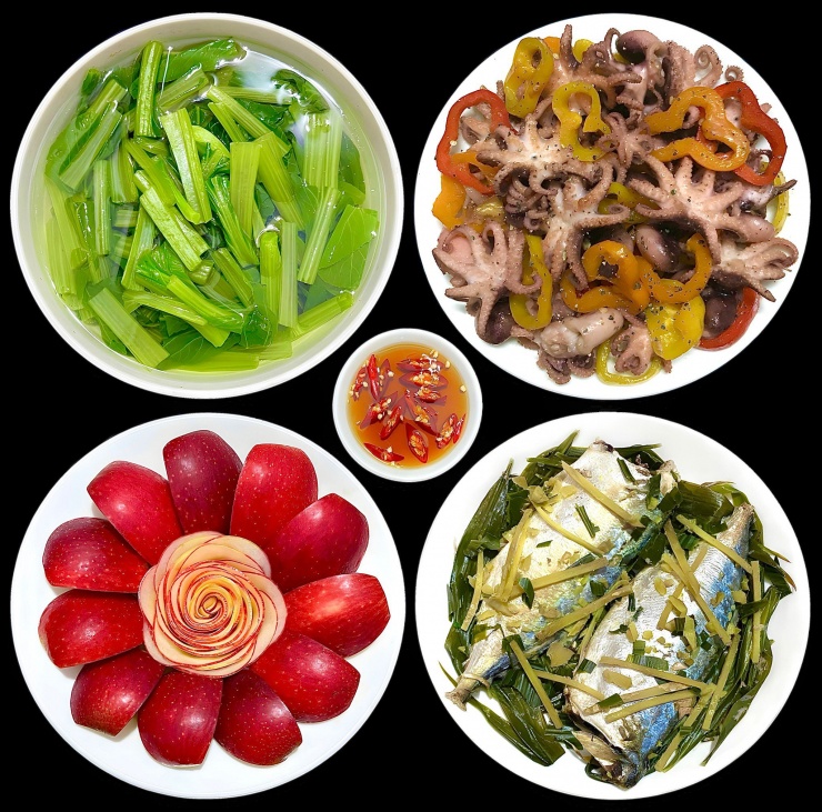 Mâm cơm thanh mát với cá hấp gừng, bạch tuộc xào giòn sần sật và canh cải xanh nhẹ bụng – lựa chọn lý tưởng cho ngày hè nóng nực, hỗ trợ giải nhiệt và bổ sung chất đạm tự nhiên từ hải sản.