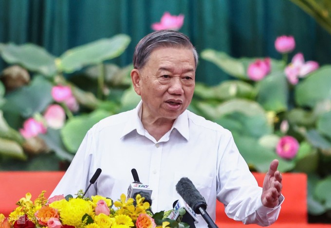 Tổng Bí thư Tô Lâm phát biểu chỉ đạo tại buổi làm việc với Ban Thường vụ Thành ủy TP HCM, Bà Rịa - Vũng Tàu và Bình Dương. Ảnh: Quỳnh Trần