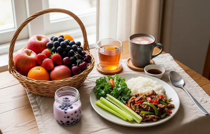 Ăn các món ăn chứa nhiều loại rau, trái cây đủ màu sắc, uống trà, ca cao... sẽ giúp bạn nạp flavonoid nhiều và phong phú - Minh họa AI: Thu Anh