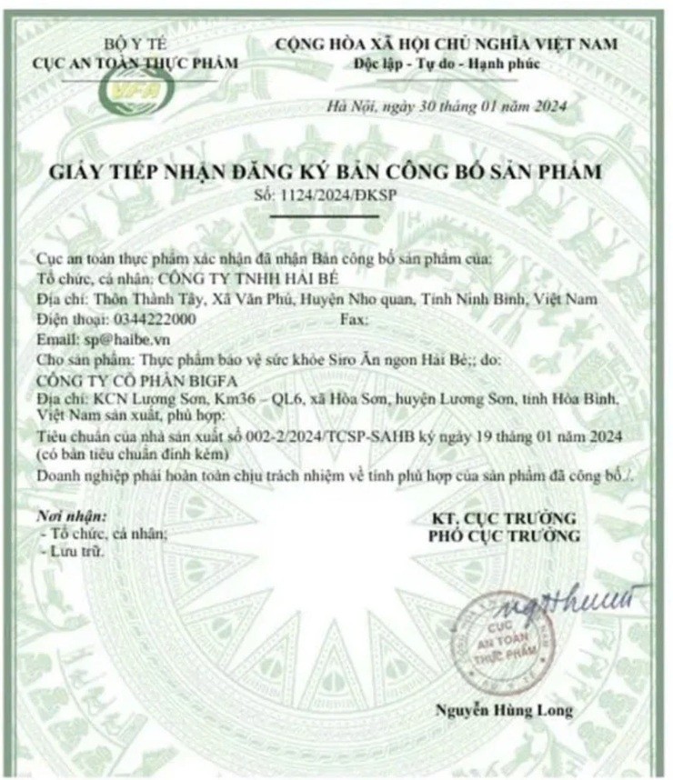 Ngày 30/1/2024, Cục An toàn thực phẩm (Bộ Y tế) đã cấp giấy tiếp nhận đăng ký bản công bố sản phẩm của Công ty TNHH Hải Bé cho sản phẩm thực phẩm bảo vệ sức khoẻ Siro ăn ngon Hải Bé do Công ty Cổ phần BIGFA sản xuất.