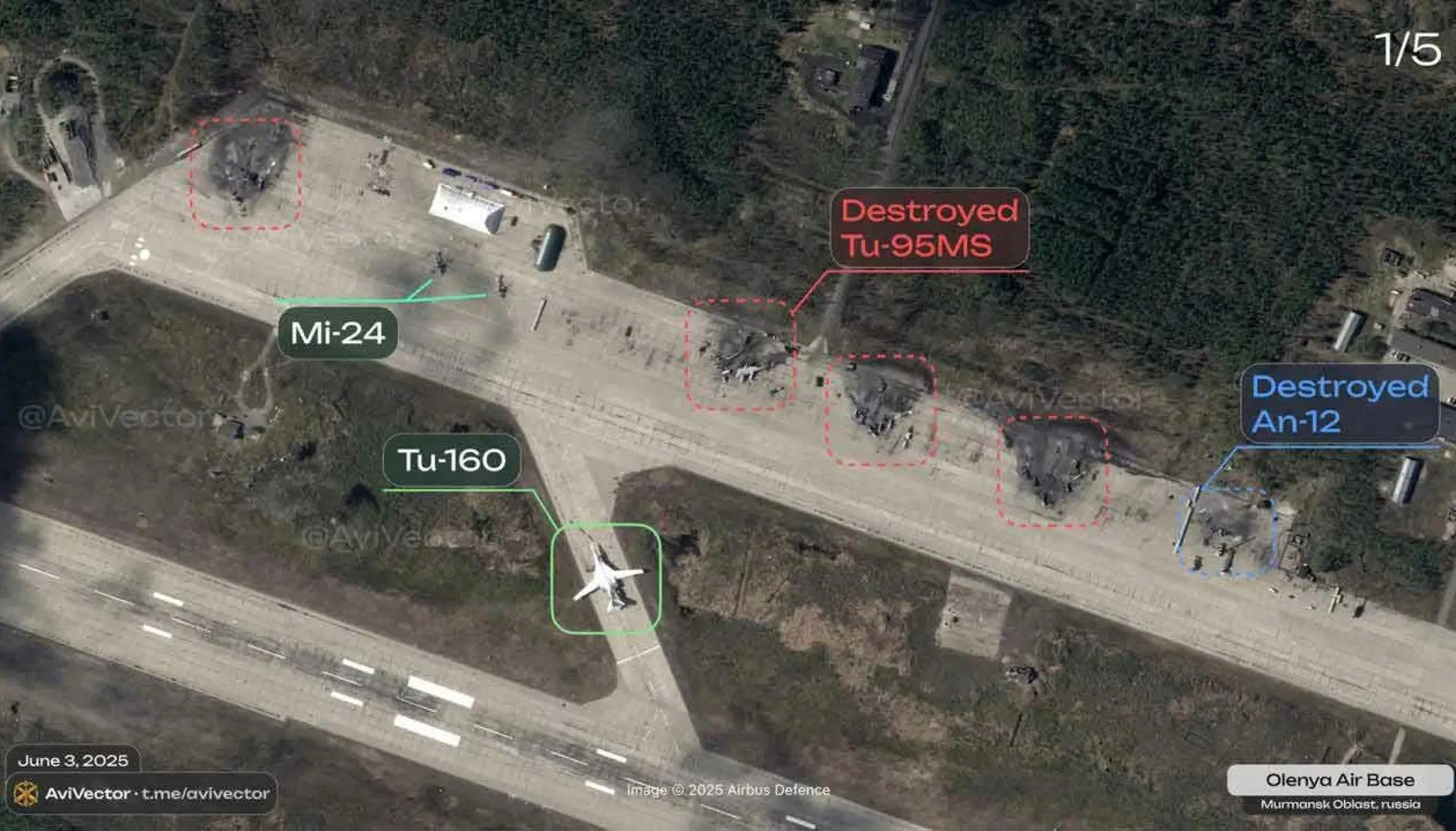 Vị trí một số máy bay Nga, trong đó có Tu-95MS, bị cho là chịu thiệt hại trong vụ tấn công UAV quy mô lớn của Ukraine ngày 1/6/2025. Ảnh: AviVector
