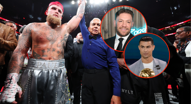 Jake (mũ đỏ) coi thưởng Ronaldo (vest xám) và cả McGregor (vest đen)