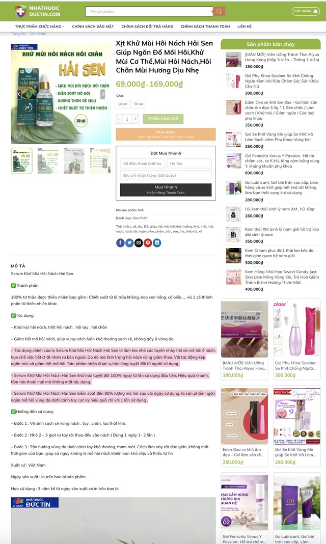 Sản phẩm xịt khử mùi Hải Sen được website Http://nhathuocductin.com quảng cáo "như thần" dược.