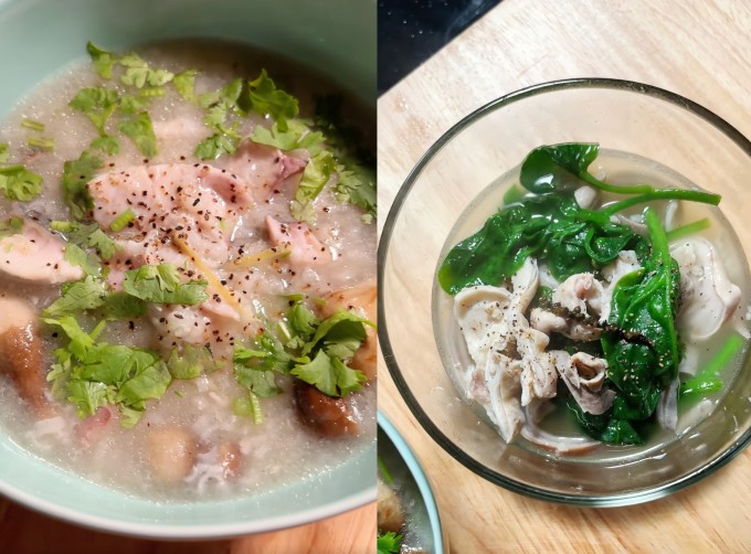 Cháo cá chép nấm mối và bao tử heo hầm tiêu xanh mùng tơi tốt cho bà bầu.