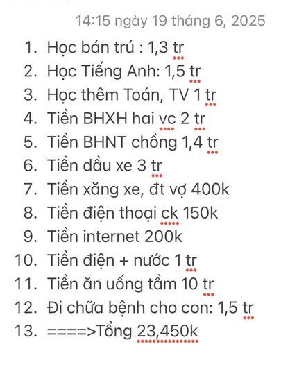 Bảng chi tiêu do cô chia sẻ