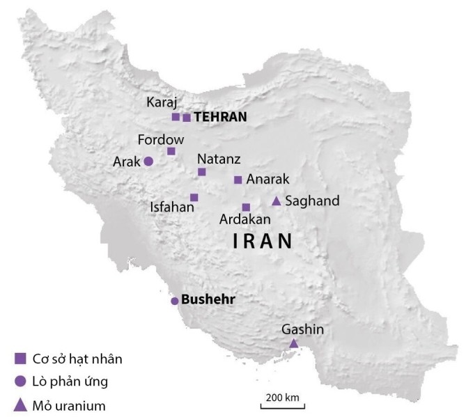 Vị trí các cơ sở hạt nhân của Iran. Đồ họa: AFP