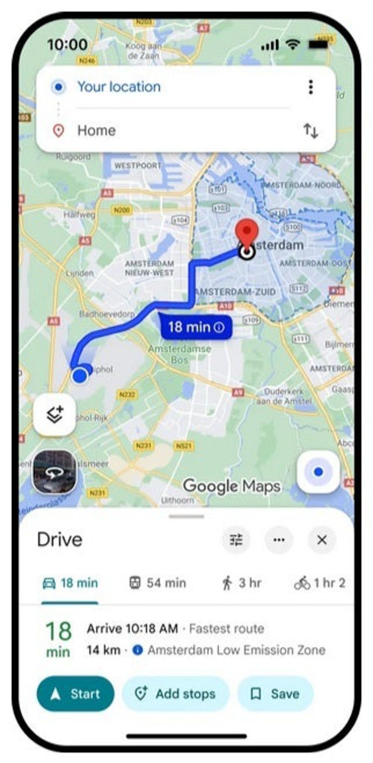 Google Maps hiện hỗ trợ các khu vực phát thải thấp và sẽ cho biết liệu xe có thể lái vào khu vực này hay không.