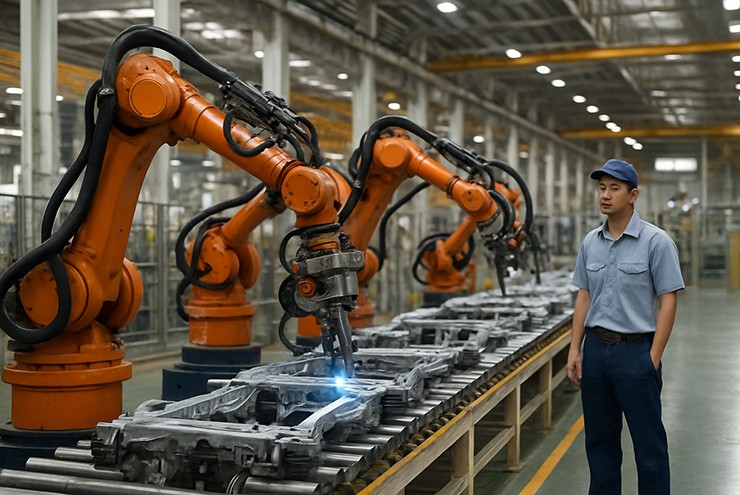 Công nghệ tự động hóa đang thay thế hàng triệu công việc trong nhà máy (Ảnh min họa AI)