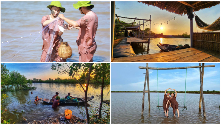 Du khách cười rộn ràng khi tham gia trò chơi dân gian như đua xuồng, bắt cá dưới bùn.