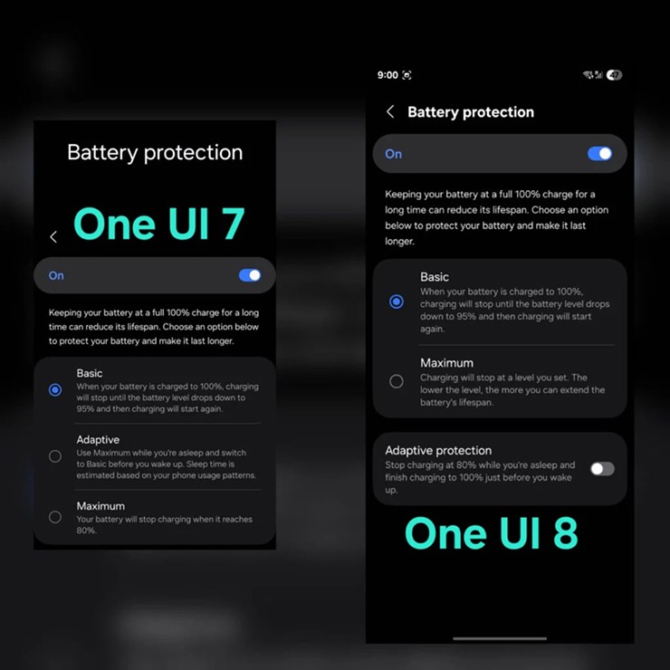 Sự khác biệt trong giao diện bảo vệ pin của One UI 7 và One UI 8.