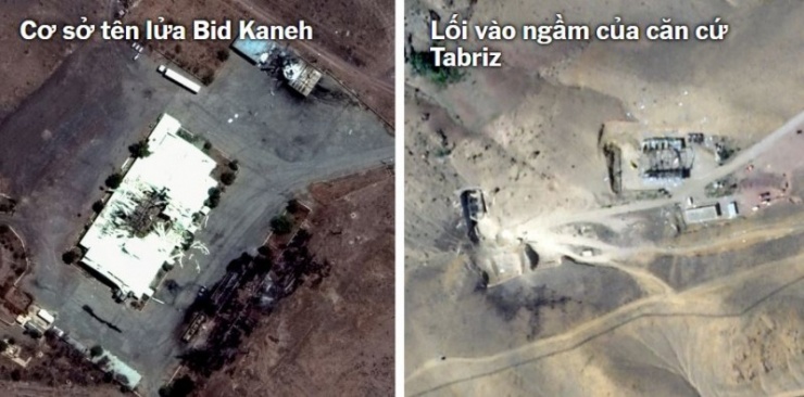 Ảnh vệ tinh cho thấy các căn cứ tên lửa của Iran bị Israel tấn công. Ảnh: New York Times