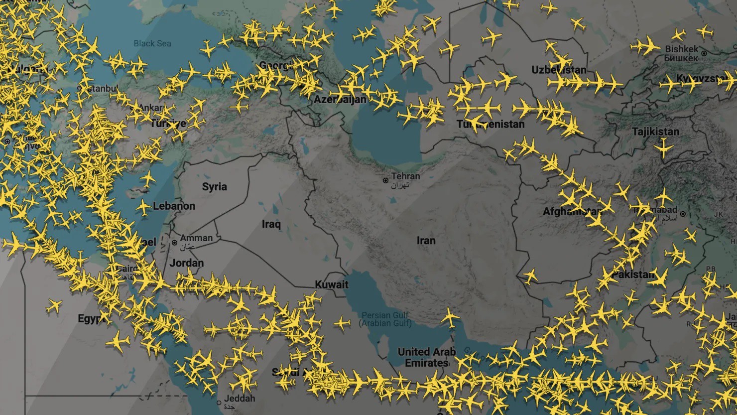 Không phận Trung Đông vào chiều thứ Hai theo giờ miền Đông Hoa Kỳ, theo FlightRadar24.