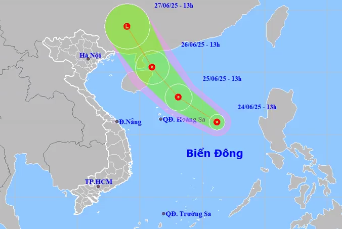 Dự báo đường đi và vùng ảnh hưởng của áp thấp nhiệt đới, ngày 24/6. Ảnh: NCHMF