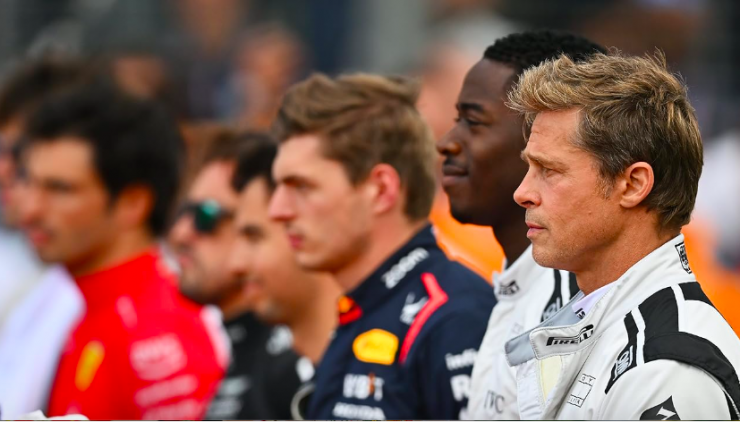 Brad Pitt cùng các tay đua thực thụ trong "F1". Ảnh: WB