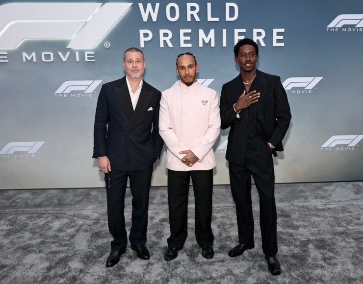 Brad Pitt cùng Damson Idris và tay đua 7 lần vô địch giải Công thức 1 Lewis Hamilton tại sự kiện ra mắt phim ở New York mới đây. Ảnh: JustJared