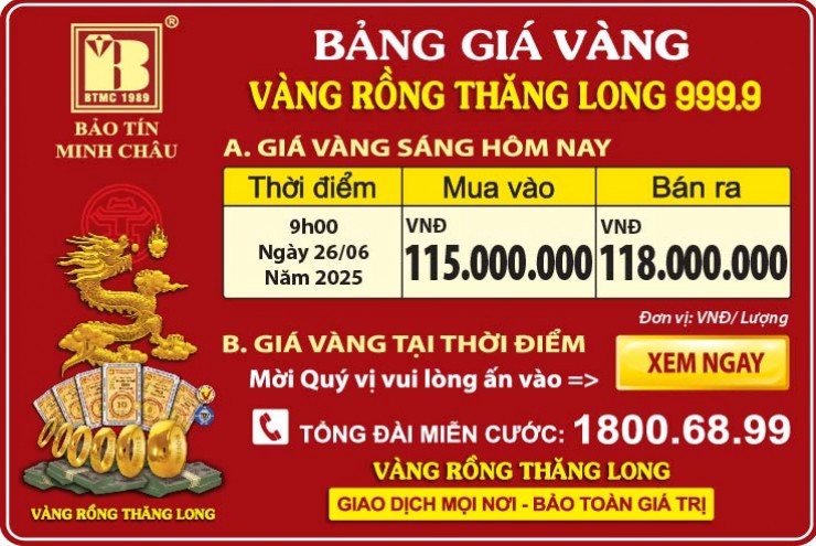 Giá Vàng Rồng Thăng Long- Bảo Tín Minh Châu ngày 26.6.2025