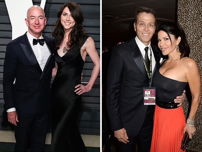 Jeff Bezos và vợ cũ MacKenzie Scott (trái). Bên phải là Lauren Sanchez và chồng cũ Patrick Whitesell. Ảnh: Film Magic