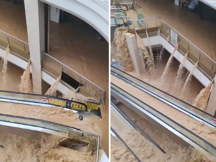 Nước lũ cuồn cuộn đổ vào trung tâm thương mại lớn nhất ở huyện Dung Giang, tỉnh Quý Châu, hôm 24-6. Ảnh: HK01