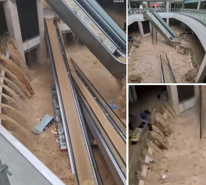 Nước lũ đổ xuống thang cuốn và từ các tầng trên. Ảnh: HK01