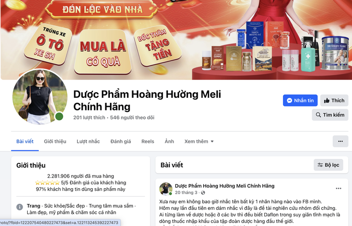 Fanpage có tên "Dược phẩm Hoàng Hường Meli chính hãng". Ảnh chụp màn hình