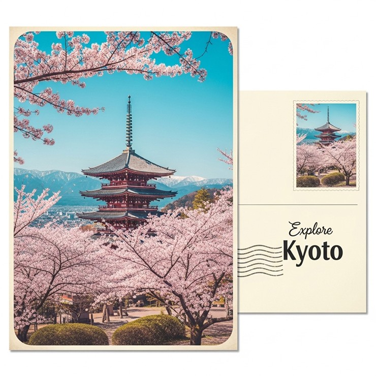 Bưu thiếp du lịch cổ điển về Kyoto với hình ảnh ngôi chùa dưới tán hoa anh đào cùng những ngọn núi phủ tuyết ở xa.