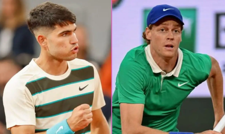 Alcaraz (bên trái) dù có vô địch Wimbledon cũng chưa thể lấy "ngai vàng" của Sinner (bên phải)