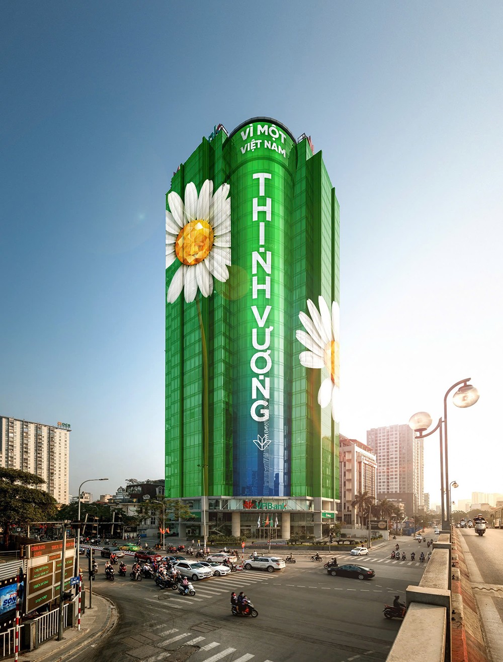 Hình ảnh bông hoa cúc khuyết cánh- biểu tượng gắn liền với G-Dragon trên toà nhà VPBank Tower
