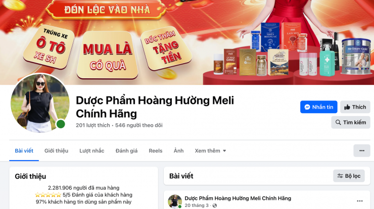 Fanpage Dược phẩm Hoàng Hường Meli chính hãng bị đề nghị xử lý (Ảnh chụp màn hình)