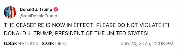Tổng thống Donald Trump thông báo lệnh ngừng bắn Israel - Iran có hiệu lực. Ảnh: TruthSocial/realDonaldTrump