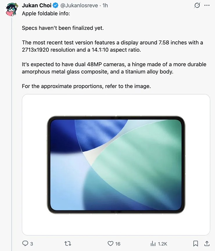 Thông tin rò rỉ về thiết kế iPhone Fold được chia sẻ bởi Digital Chat Station.