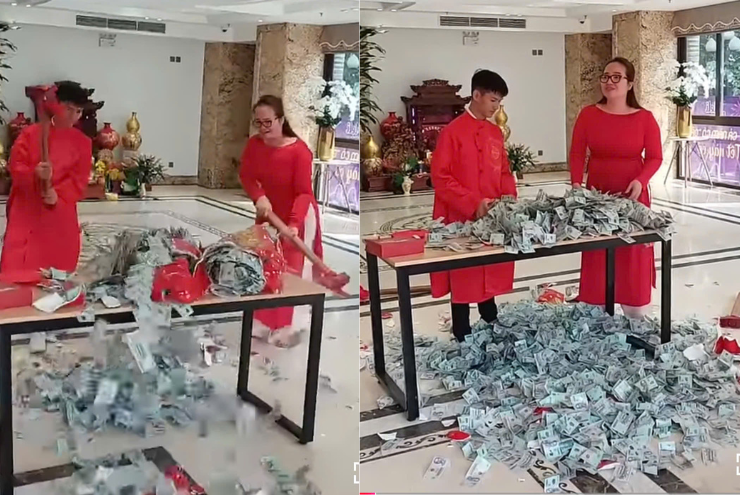 Hoàng Hường đập lợn tiền tỷ để tặng quà khách hàng.