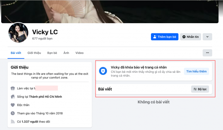 Tài khoản Facebook cá nhân của Lam Cúc từng được hội bạn như Kỳ Duyên, Diệp Lâm Anh tag tên nay đã được bật chế độ khoá bảo vệ