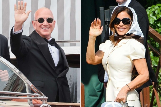 Jeff Bezos và Lauren Sanchez vẫy tay chào người hâm mộ trước khi đến buổi lễ thành hôn. Ảnh: Backgrid