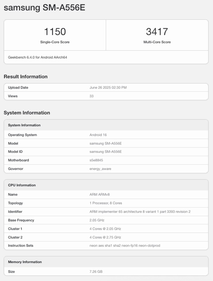 Thông tin điểm Geekbench được cho là của Galaxy A55 5G với One UI 8 beta.