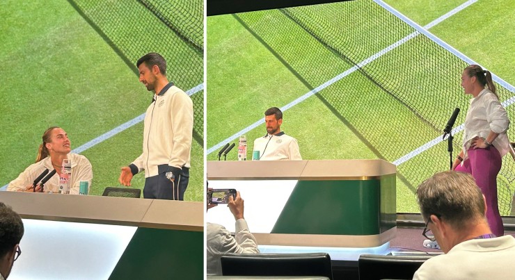 Khoảnh khắc "tấu hài"&nbsp;giữa Djokovic và Sabalenka trong buổi họp báo