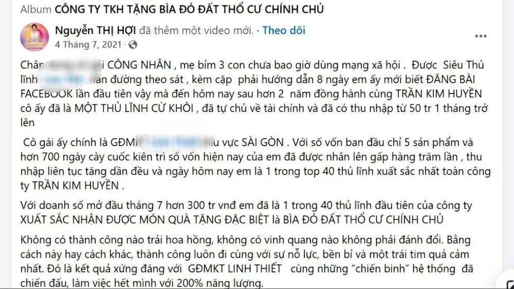 Bà Hợi viết trên Facebook là thưởng sổ đỏ cho một "thủ lĩnh" bán hàng. Ảnh chụp màn hình