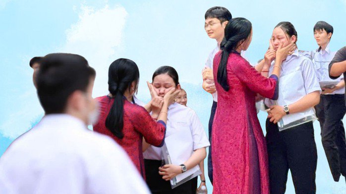 Cô hiệu trưởng an ủi học trò sau khi kết thúc kỳ thi tốt nghiệp THPT 2025