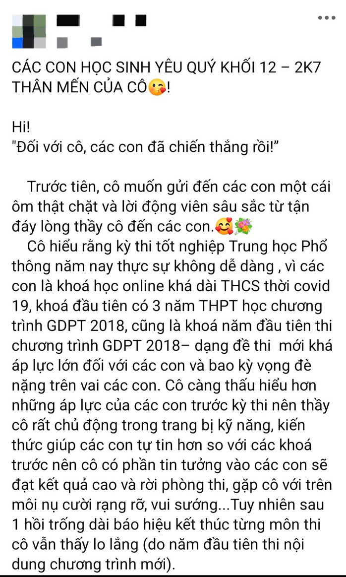 Bức thư động viên học trò nhận được nhiều lời khen từ phụ huynh