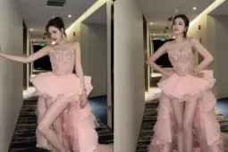 Đỗ Thị Hà khoe chân dài 1,11m với váy hồng siêu ngắn