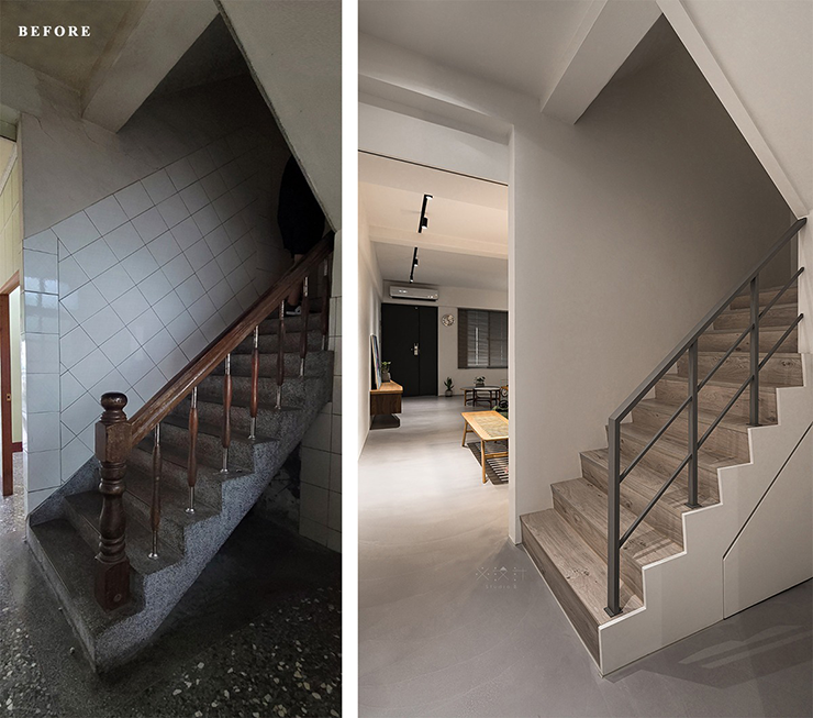 Cầu thang được cải tạo lại với sàn gỗ siêu chống mài mòn thay cho nền terrazzo cũ, tay vịn gỗ đổi thành sắt đơn giản nhằm giữ thẩm mỹ tinh gọn và phân chia công năng rõ ràng.
