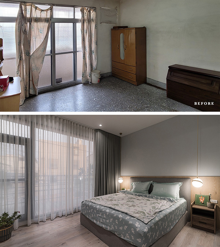 Tủ lưu trữ chạy dọc theo lối vào phòng ngủ giúp tận dụng tối đa không gian, trong khi kính mờ được dùng để ngăn cách phòng tắm, vừa đảm bảo ánh sáng vừa giữ sự kín đáo.
