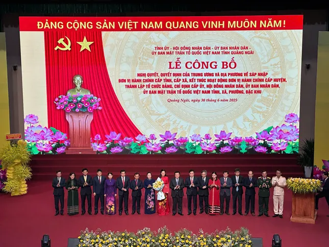 Ông Nguyễn Xuân Thắng - Ủy viên Bộ Chính trị trao quyết định thành lập Đảng bộ tỉnh Quảng Ngãi mới.