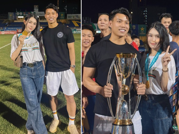 Văn Thanh ăn mừng cùng bạn gái Trần Bích Hạnh sau khi CLB CAHN vô địch Cup Quốc gia 2024-2205. Ảnh: Facebook Vũ Văn Thanh
