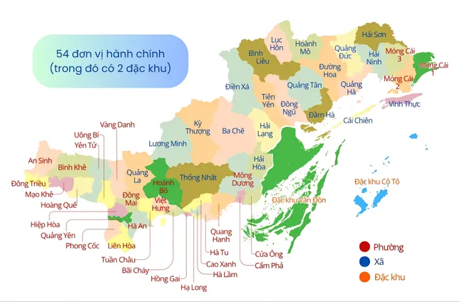 Bản đồ địa giới 54 đơn vị hành chính trong đó có 2 đặc khu của Quảng Ninh. Ảnh QMG.